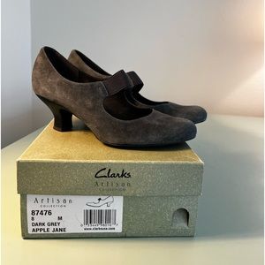 Clarks Artisan dark grey suede heels, size 8.  Clarks tend to run a bit wide.
